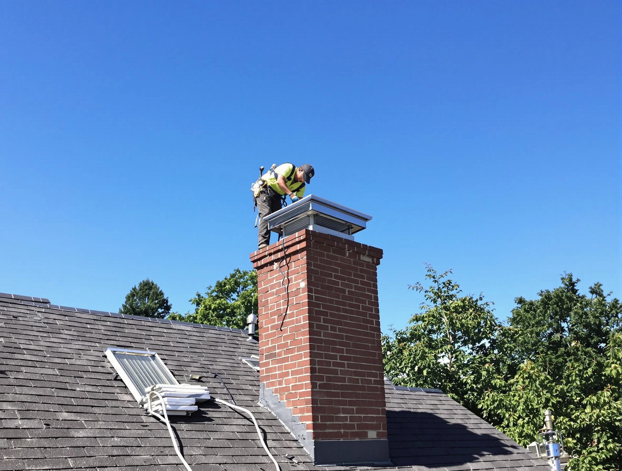 Medford Chimney Sweep technician measuring a chimney cap in Medford, MA