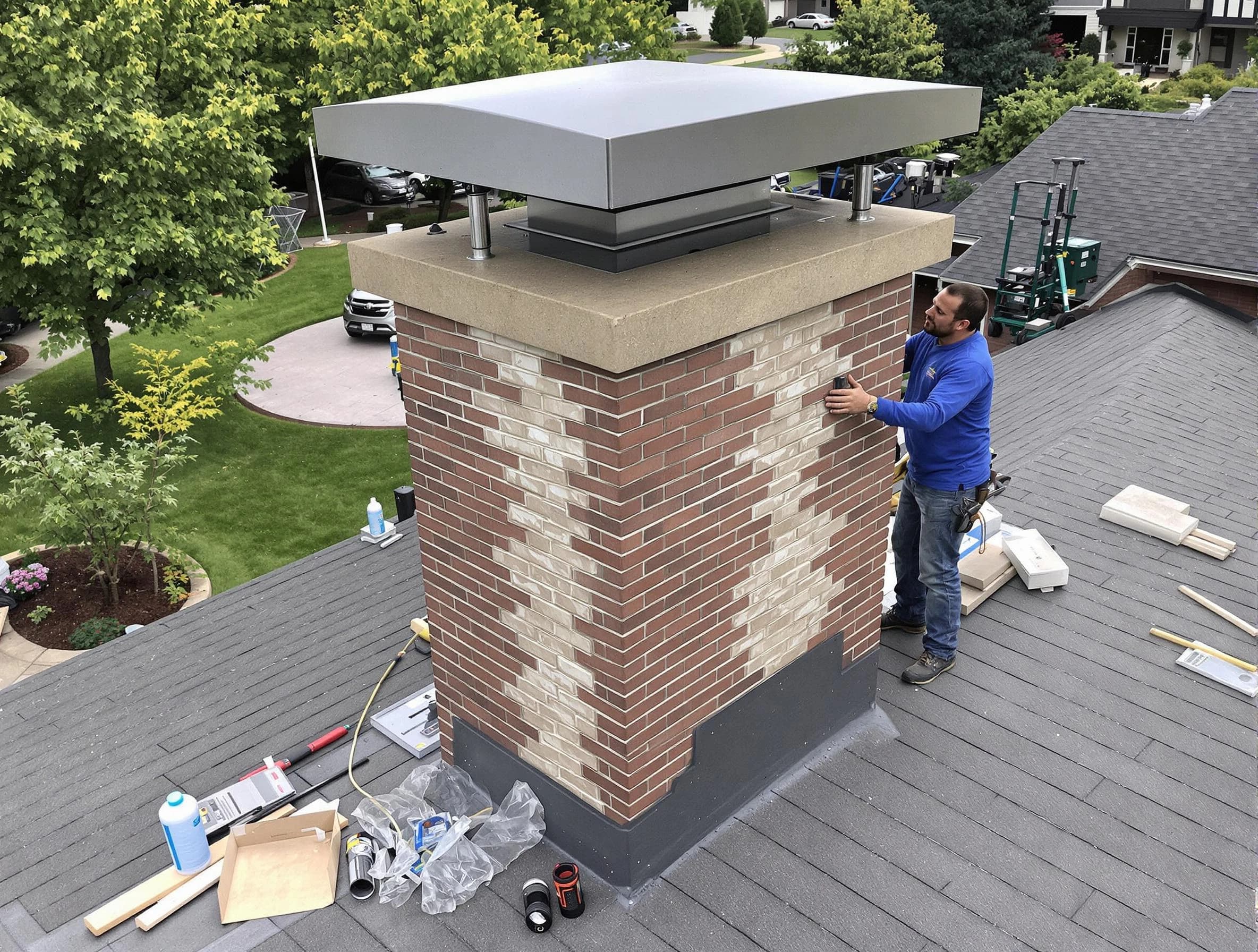Medford Chimney Sweep team working on a custom chimney remodel in Medford, MA