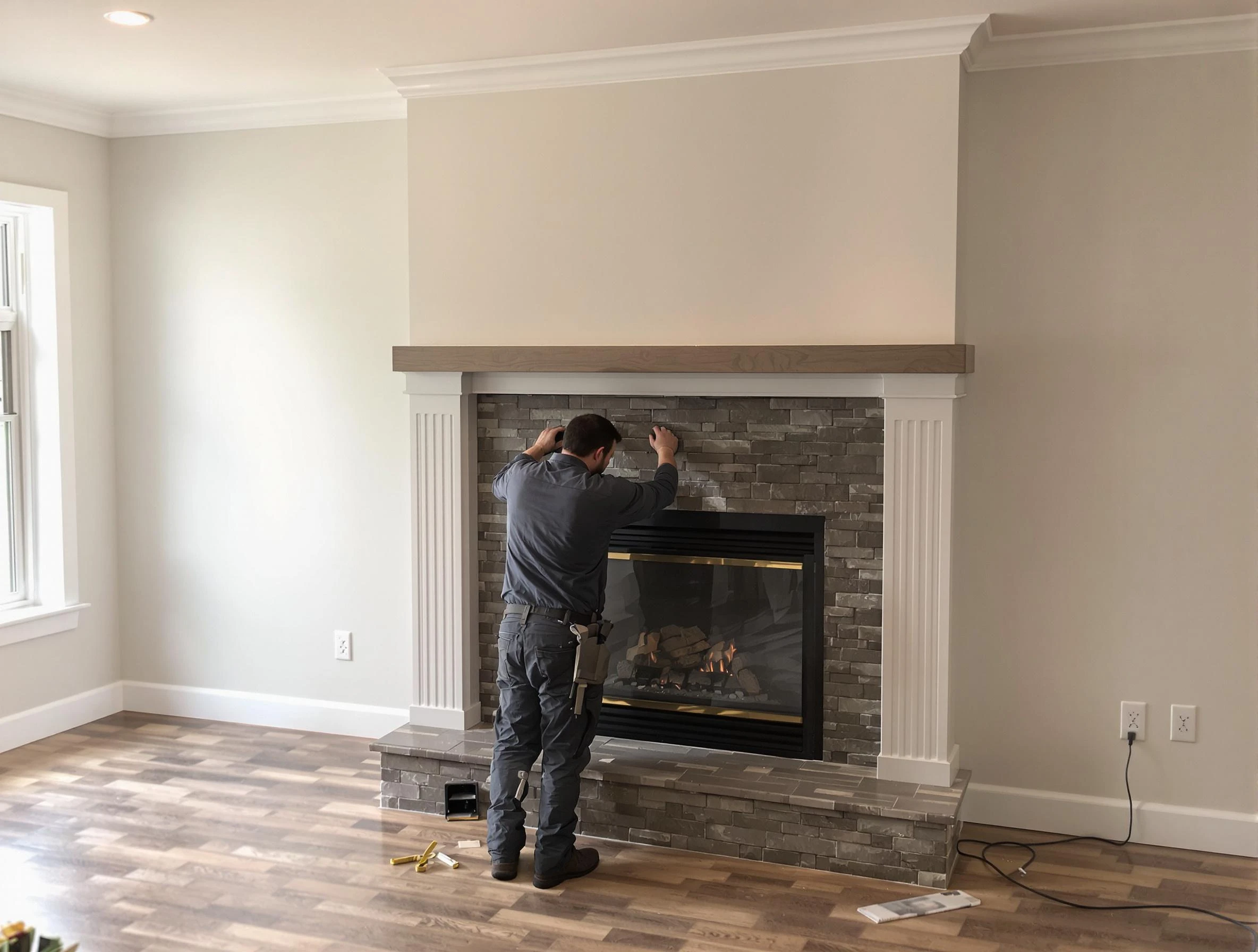 Medford Chimney Sweep finishing a custom fireplace install in Medford, MA
